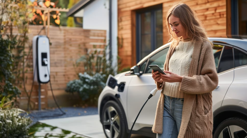 portrait-young-female-with-mobile-phone-while-charging-her-electric-car-home-generated-ai